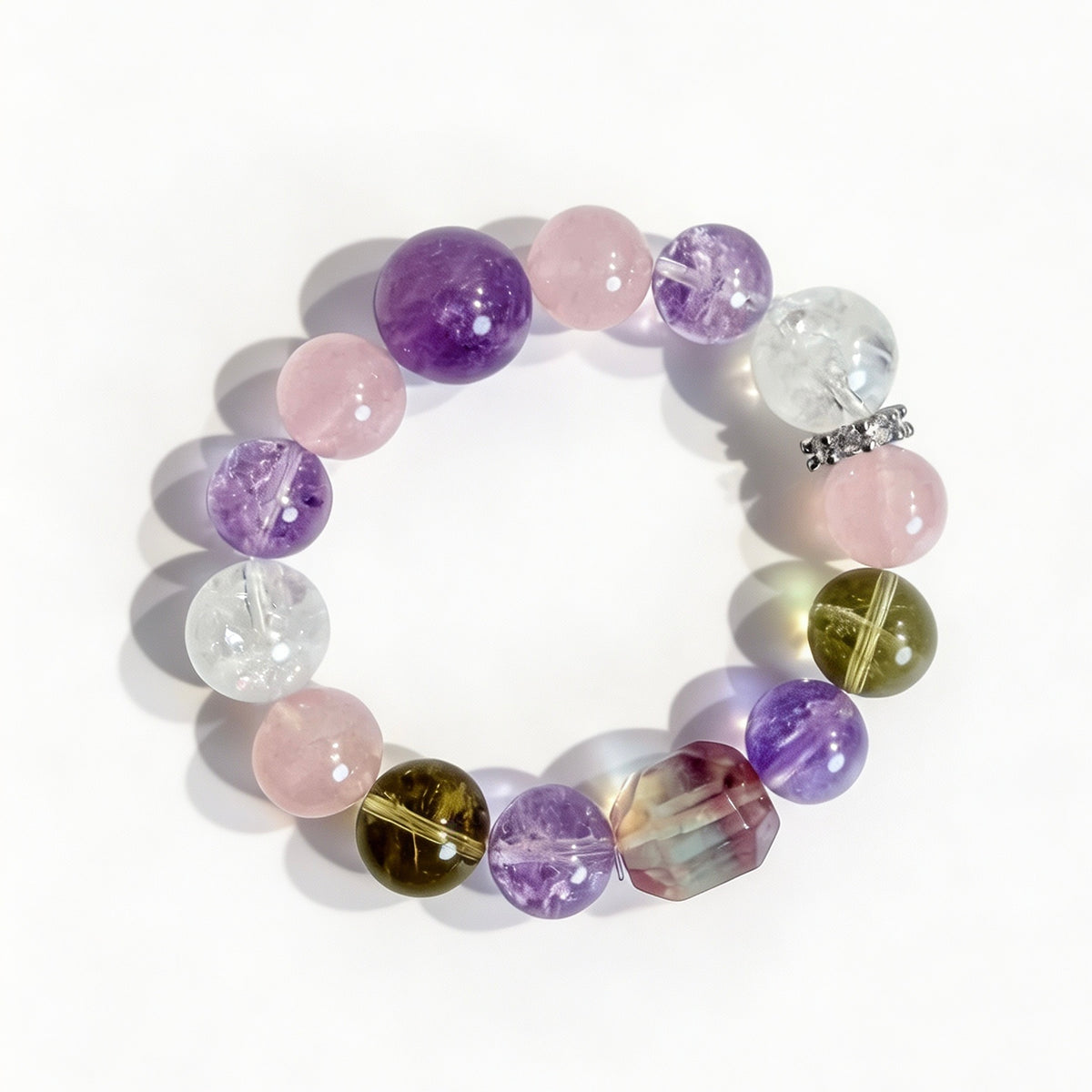 Amethyst bracelet with rose quartz, rainbow fluorite, and clear quartz beads