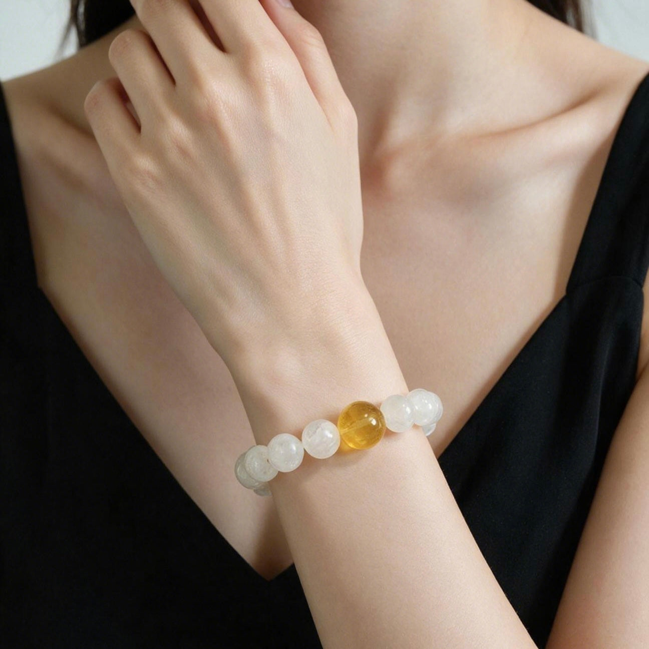 White Feather Clear Quartz & Citrine Beaded Bracelet