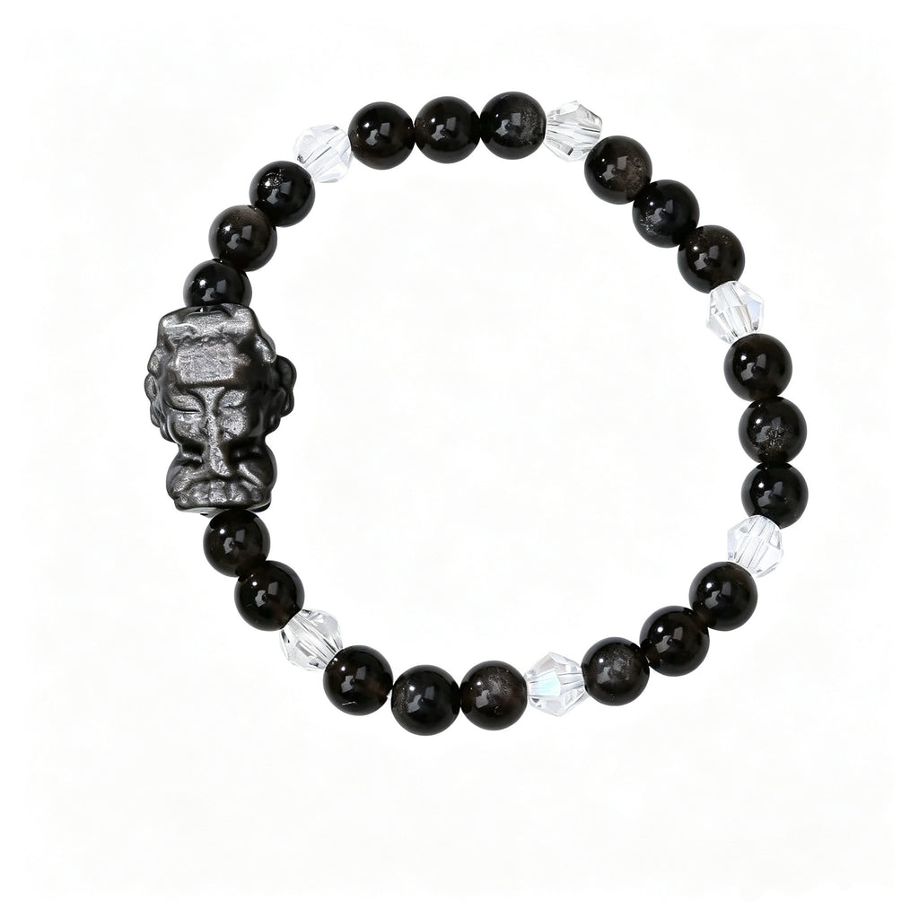 Silver Sheen Obsidian Guardian‑Head Blessing Bracelet
