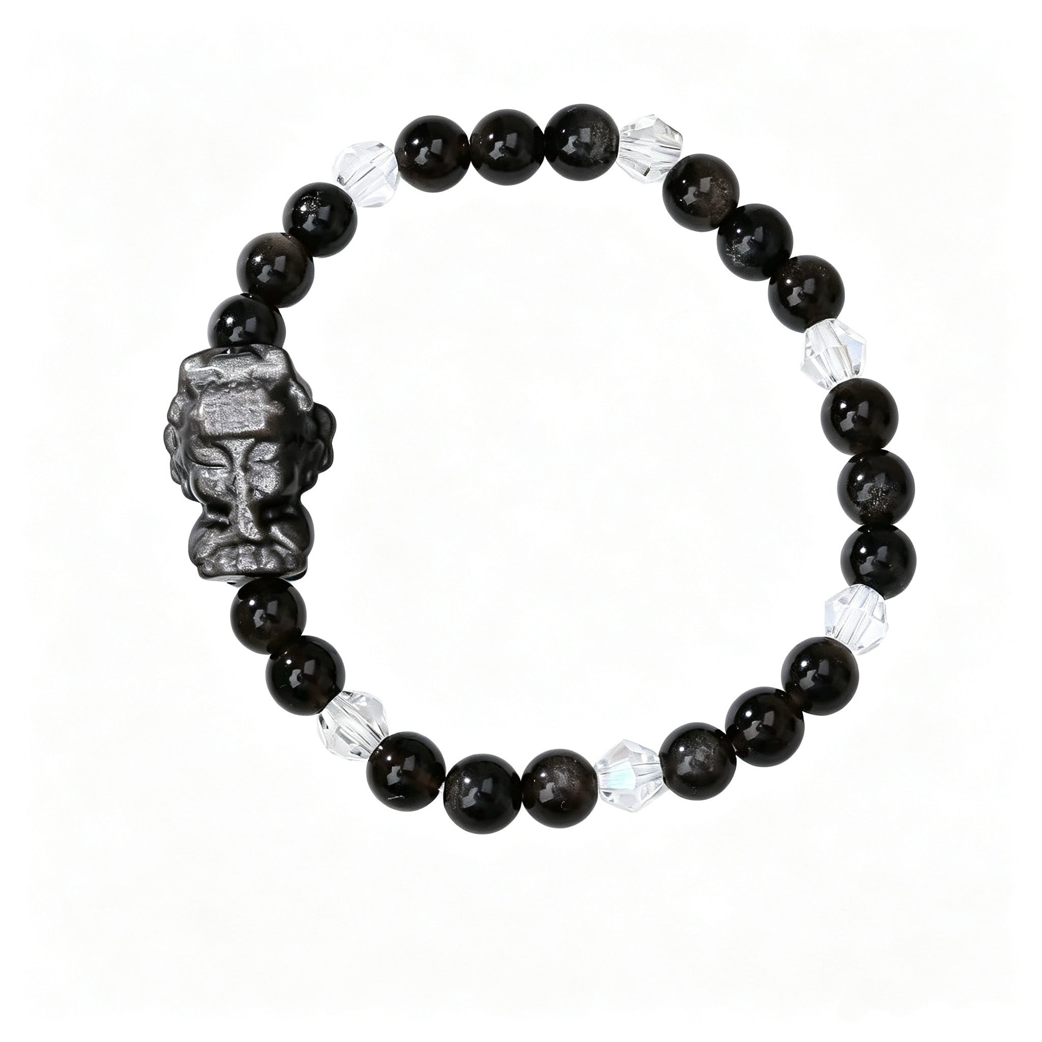 Silver Sheen Obsidian Guardian‑Head Blessing Bracelet