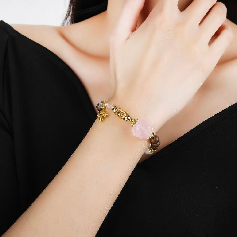Agarwood Rose Quartz White Jade Heart‑Harmony Bracelet