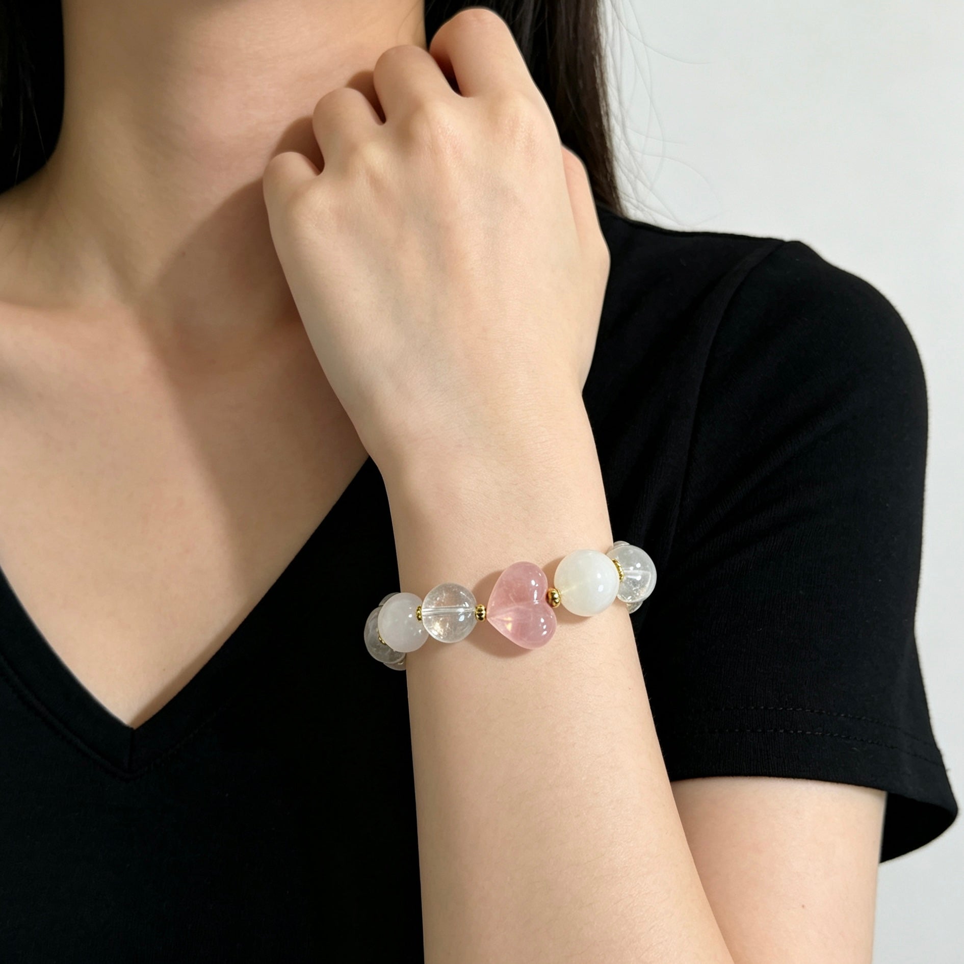 Rose Quartz Heart & Clear Rutilated Quartz Beaded Bracelet