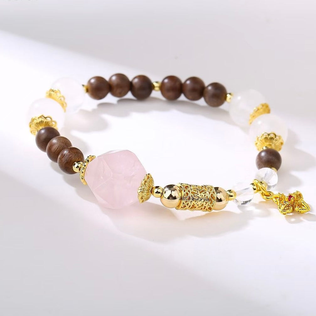Agarwood Rose Quartz White Jade Heart‑Harmony Bracelet