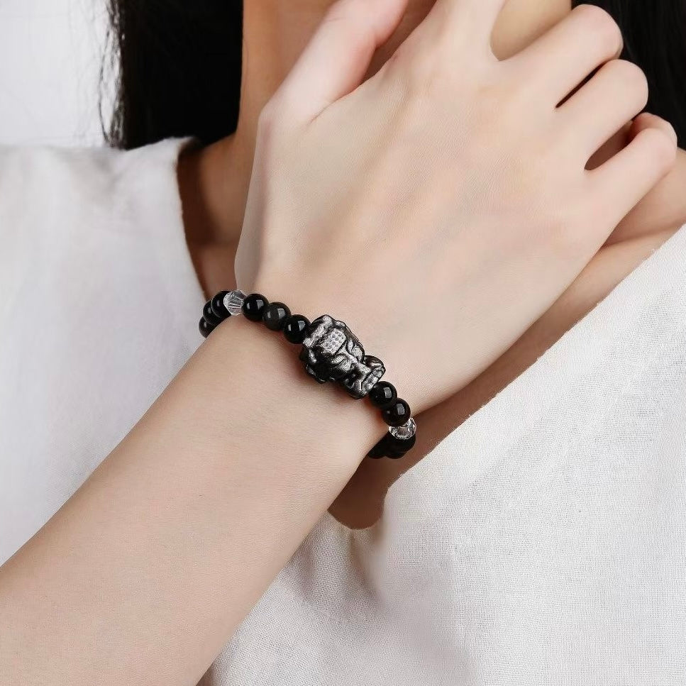 Silver Sheen Obsidian Guardian‑Head Blessing Bracelet