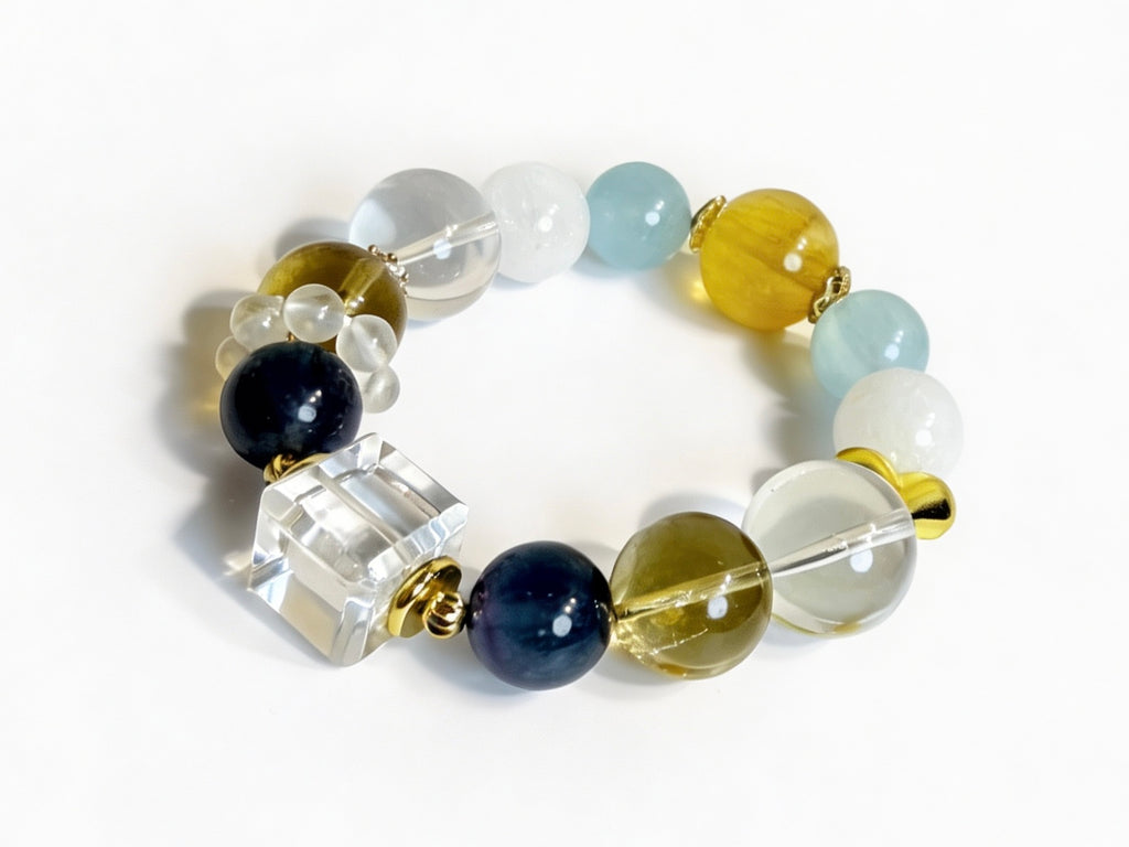 Aquamarine Citrine Fluorite Heart-Charm Crystal Bracelet