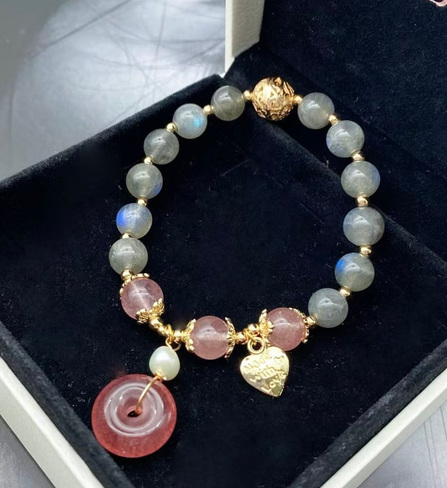 Moon Glow Labradorite Strawberry Quartz Peace Bracelet