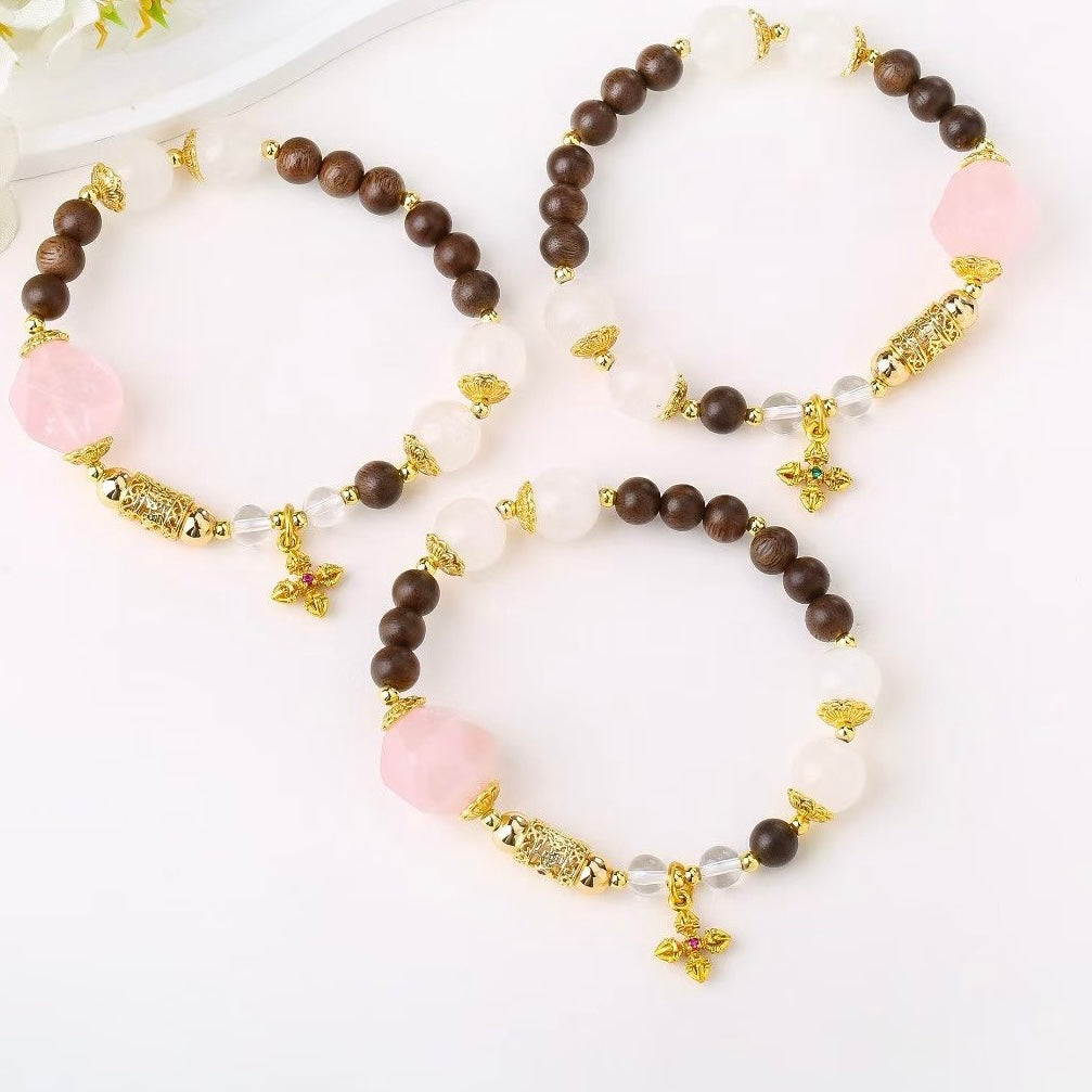 Agarwood Rose Quartz White Jade Heart‑Harmony Bracelet