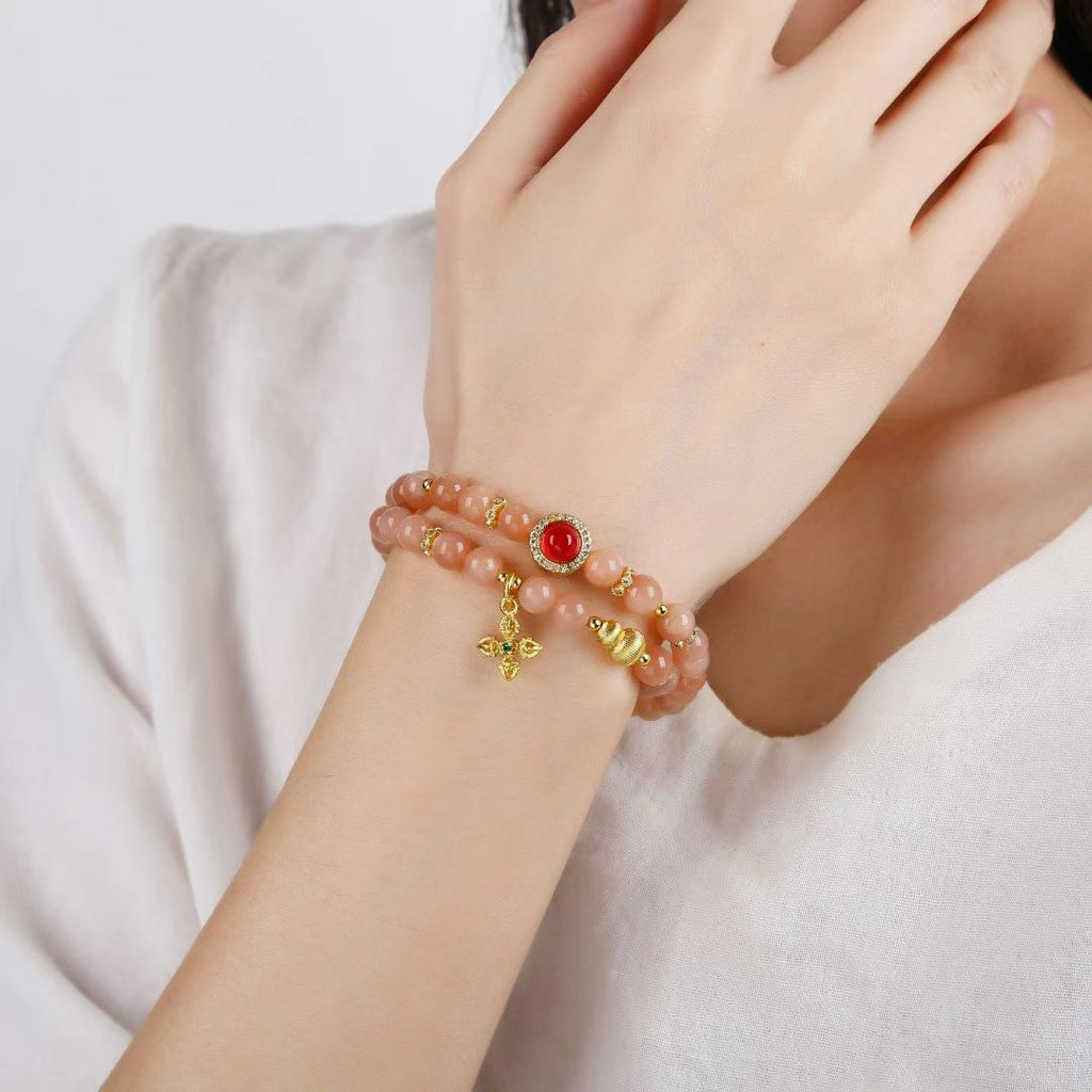 Peach Glow Fortune Double‑loop Bracelet