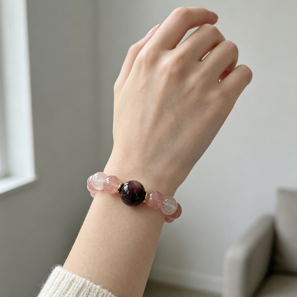 Strawberry Quartz & Lepidolite Beaded Bracelet