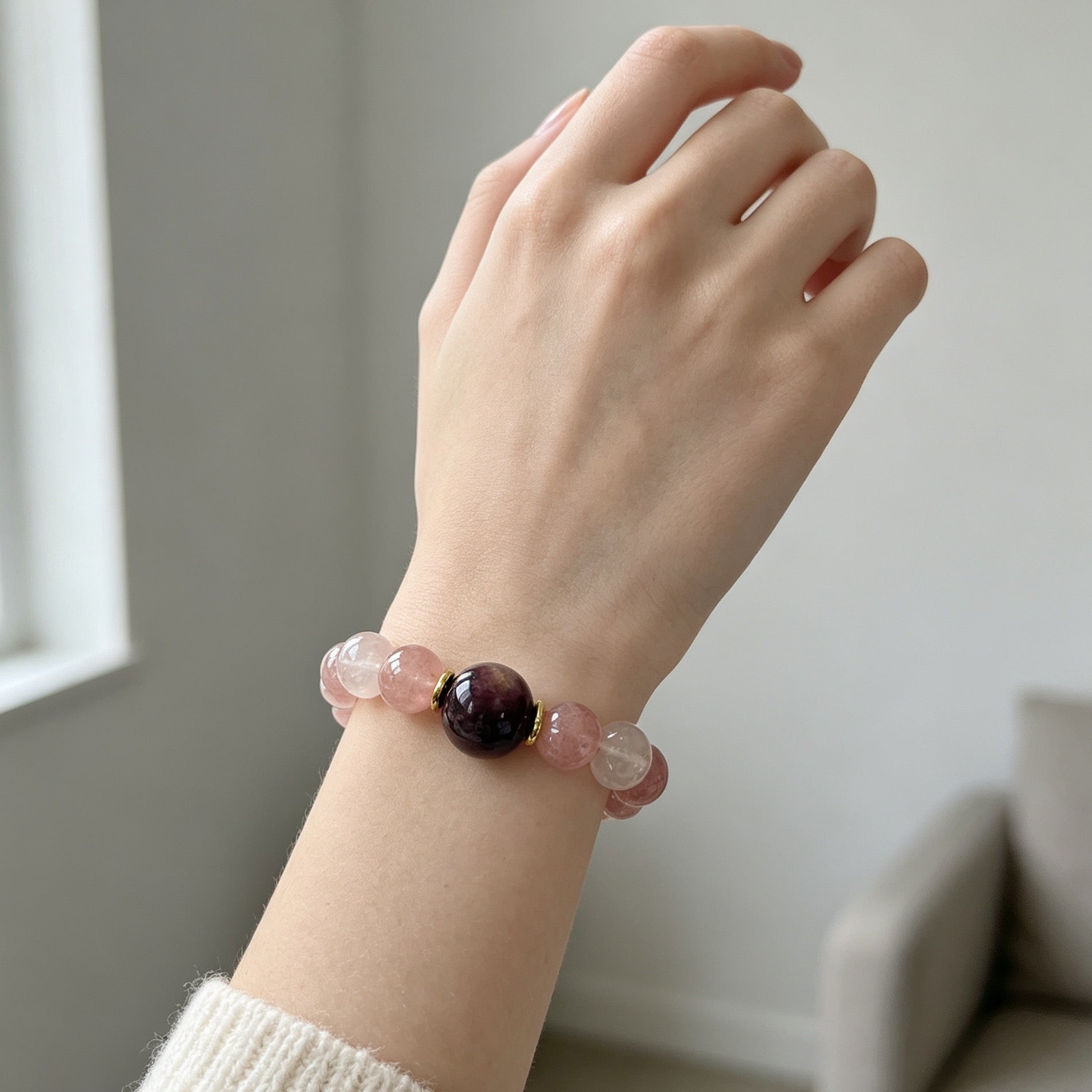 Strawberry Quartz & Lepidolite Beaded Bracelet