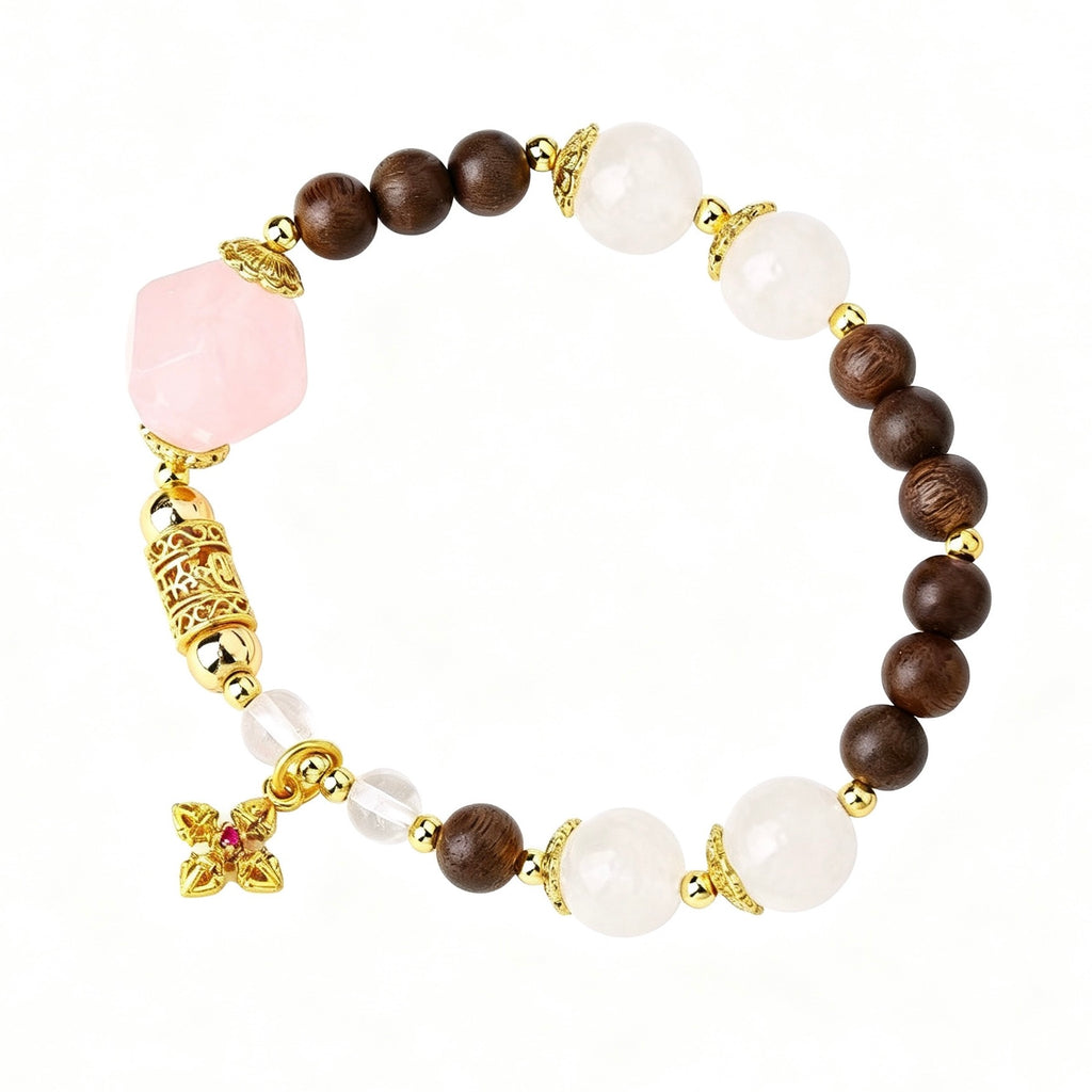 Agarwood Rose Quartz White Jade Heart‑Harmony Bracelet