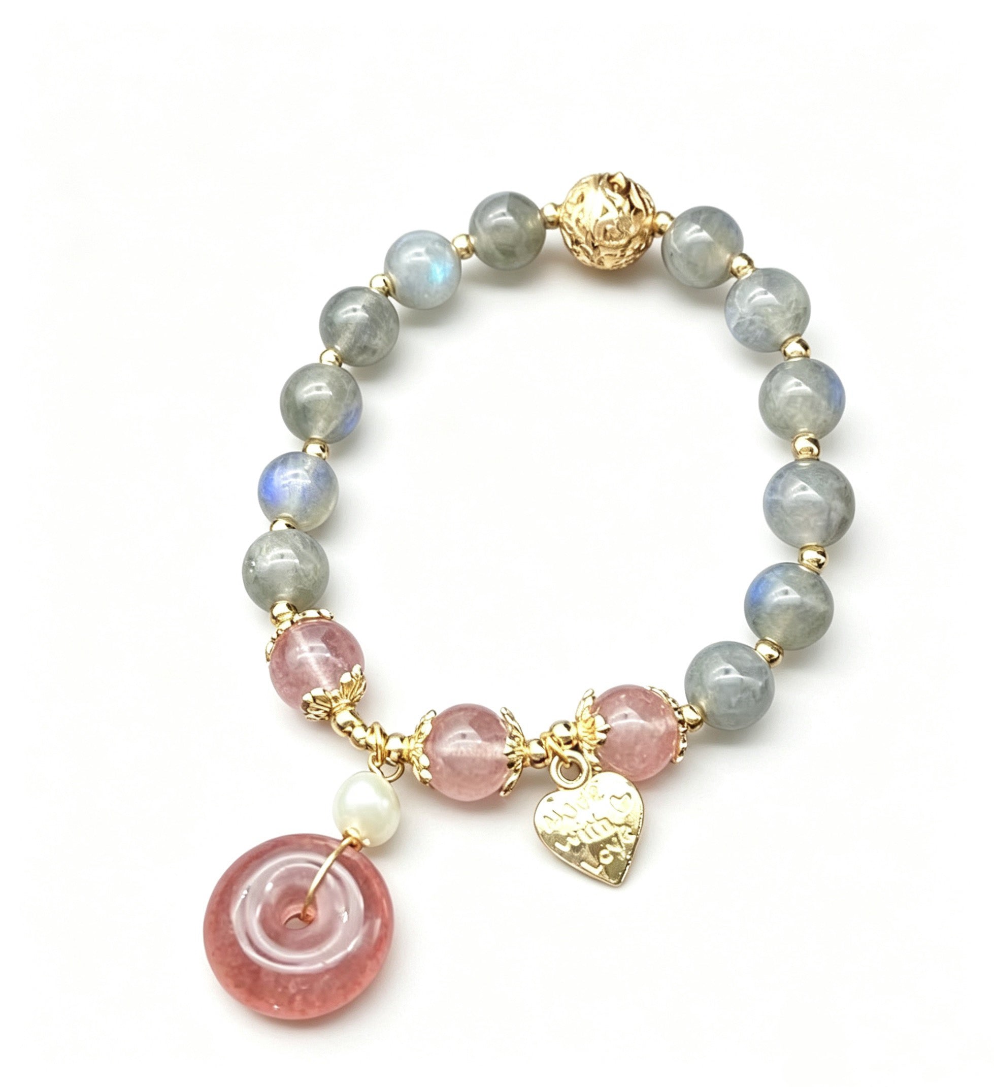 Moon Glow Labradorite Strawberry Quartz Peace Bracelet
