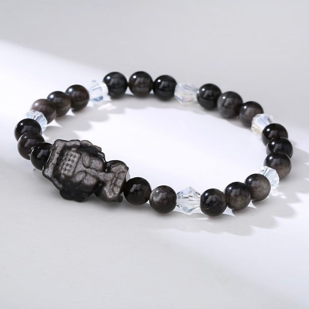 Silver Sheen Obsidian Guardian‑Head Blessing Bracelet