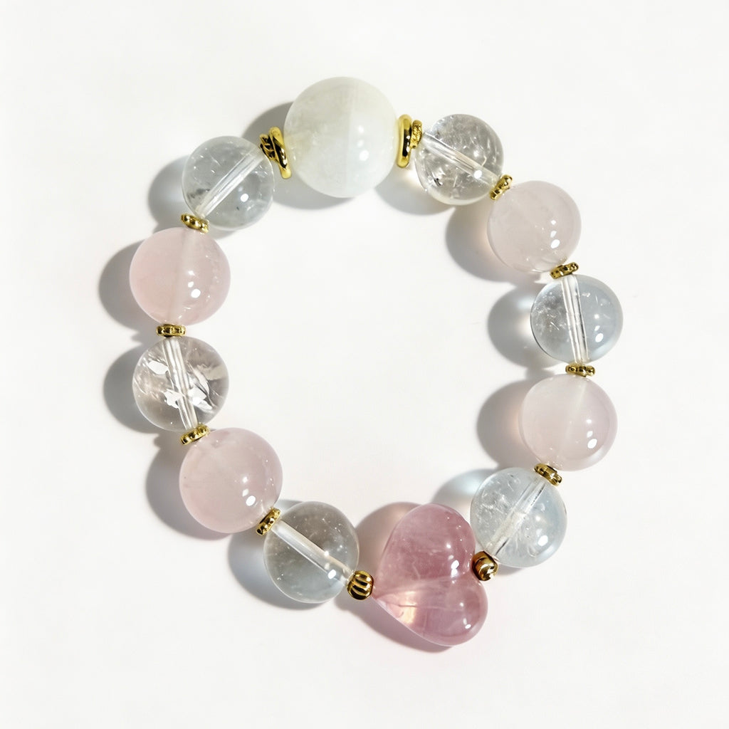 Rose Quartz Heart & Clear Rutilated Quartz Beaded Bracelet