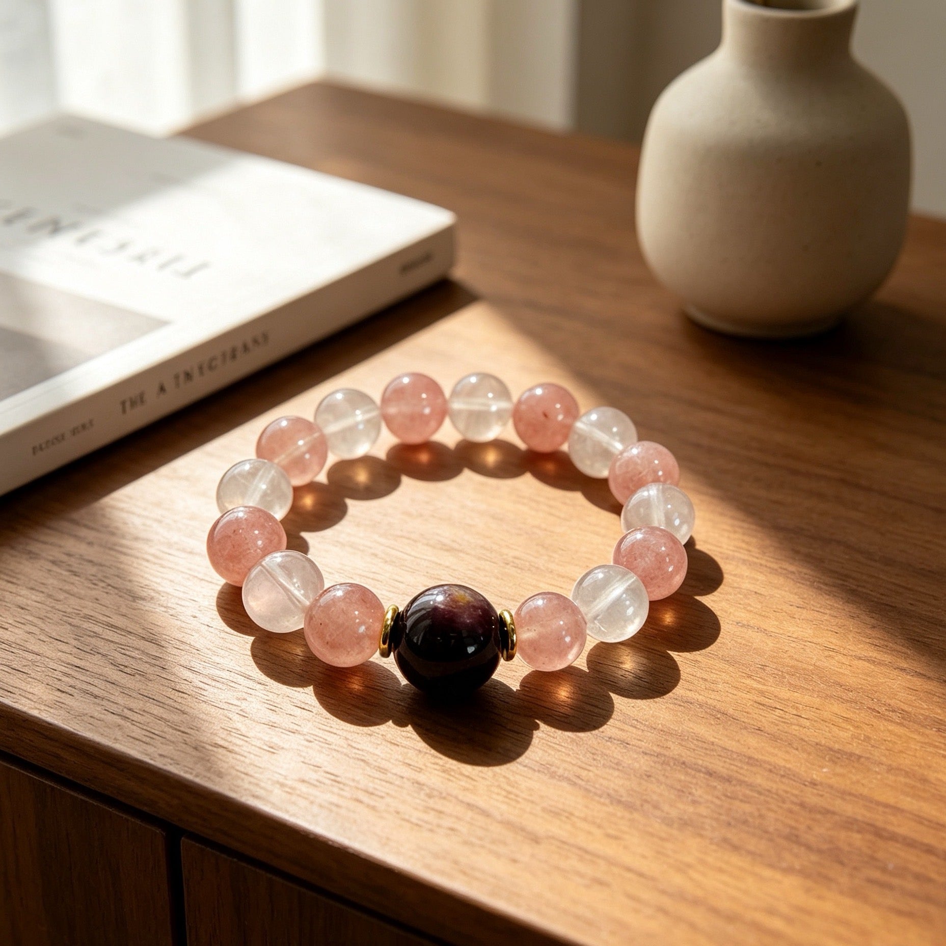 Strawberry Quartz & Lepidolite Beaded Bracelet