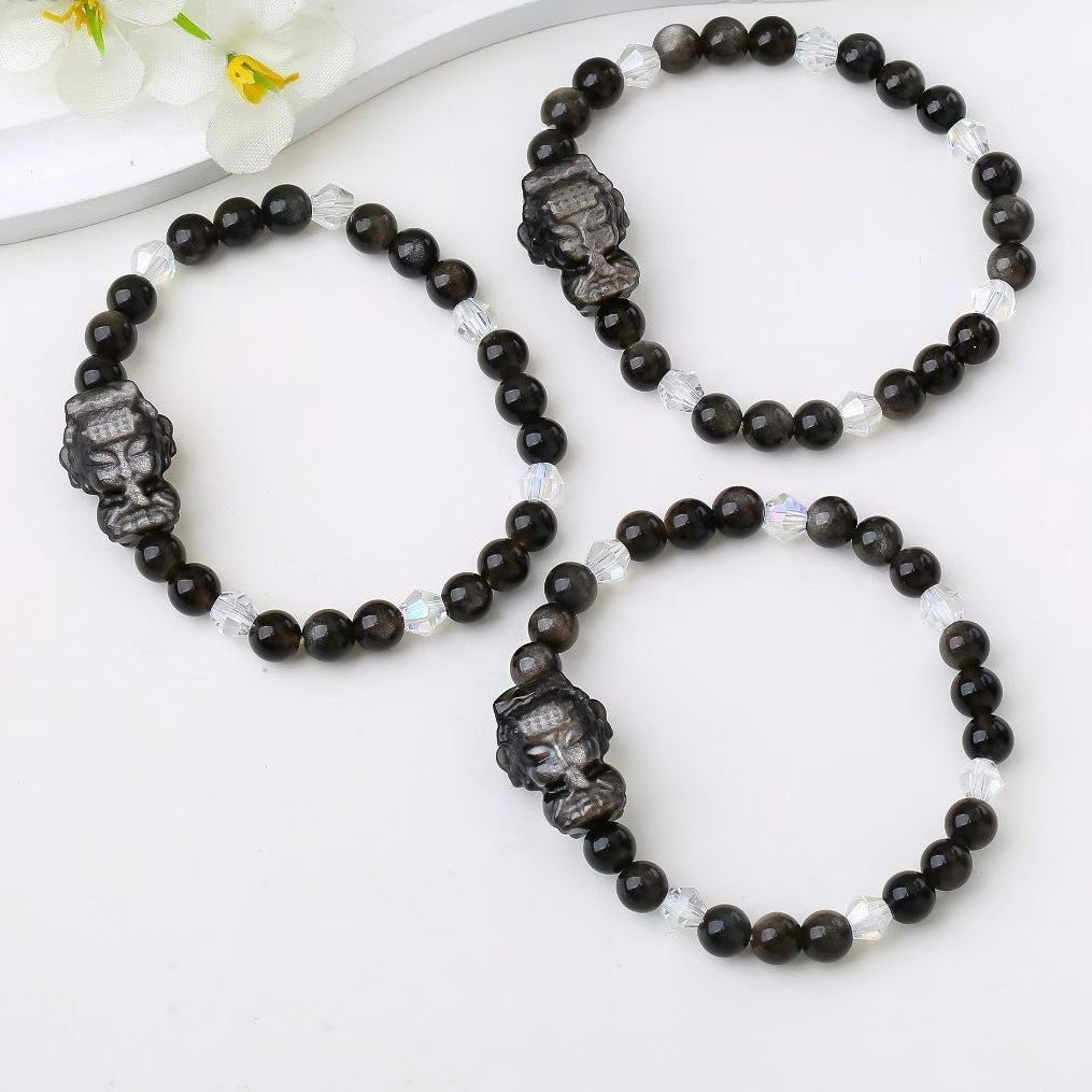 Silver Sheen Obsidian Guardian‑Head Blessing Bracelet