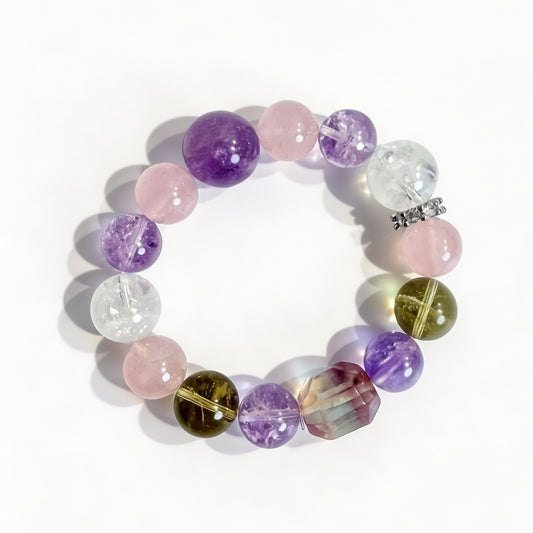 Amethyst bracelet with rose quartz, rainbow fluorite, and clear quartz beads