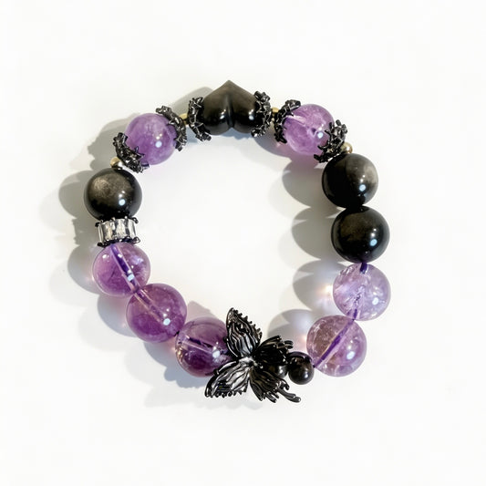 Amethyst and silver sheen obsidian bracelet with a black butterfly charm and crystal spacers