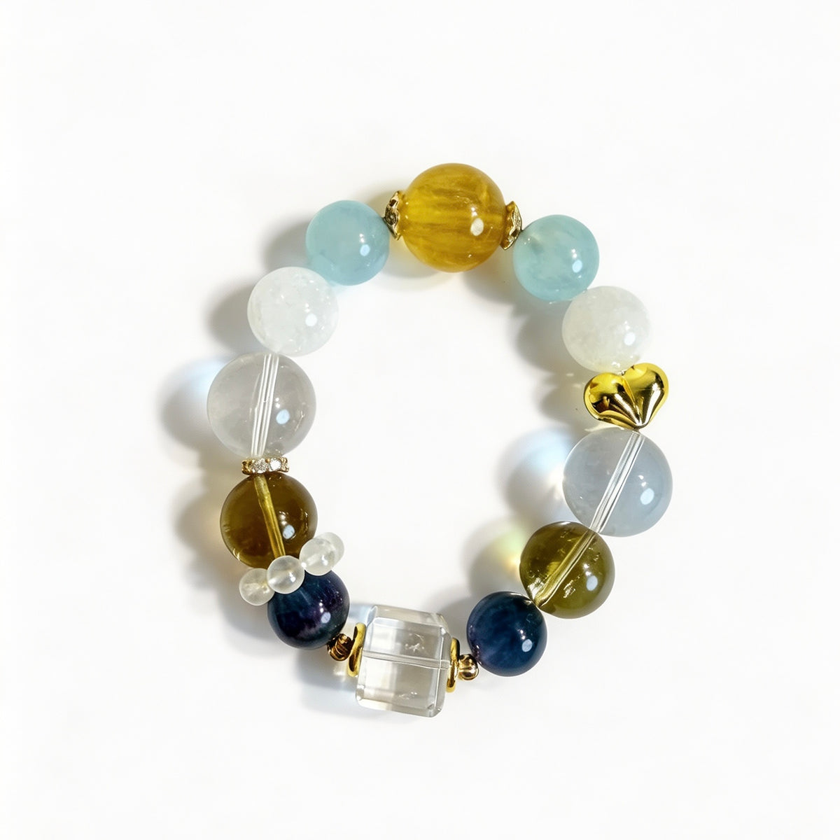 Aquamarine Citrine Fluorite Heart-Charm Crystal Bracelet