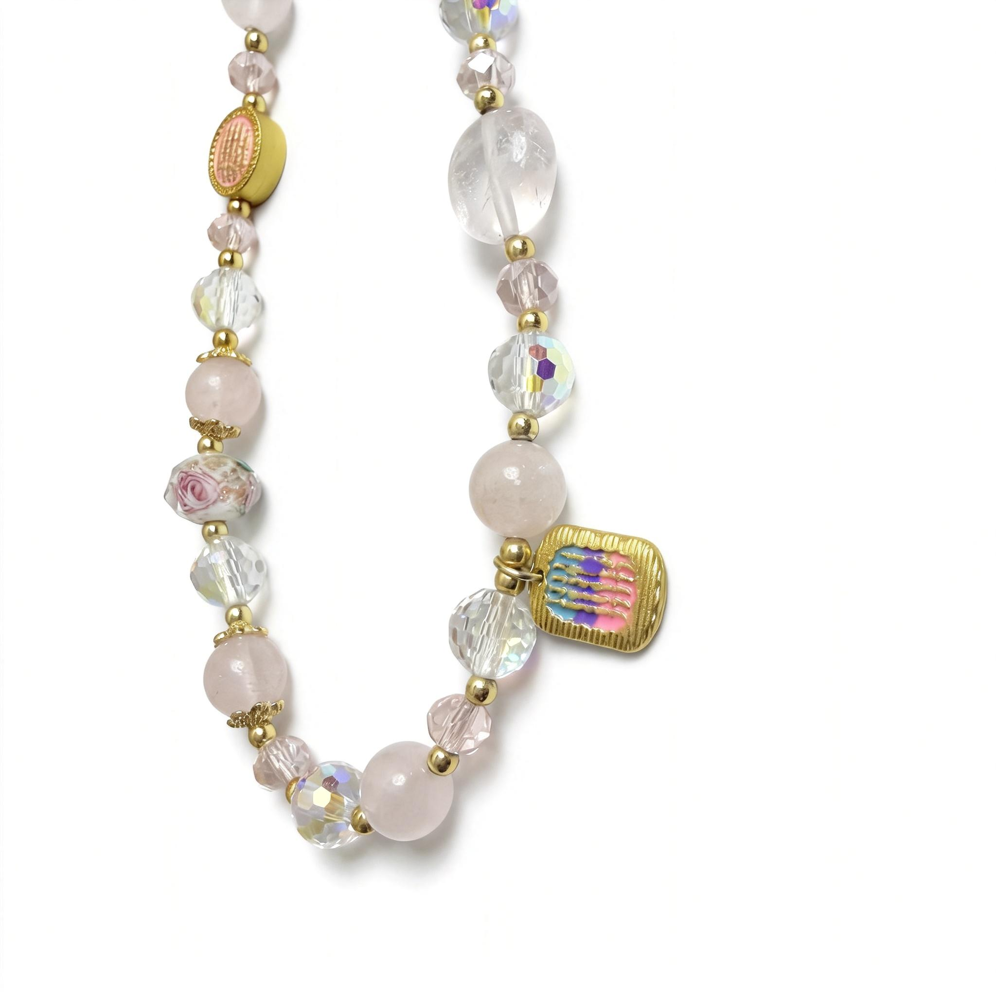 Pink Floral Phone Charm with Beaded Strap