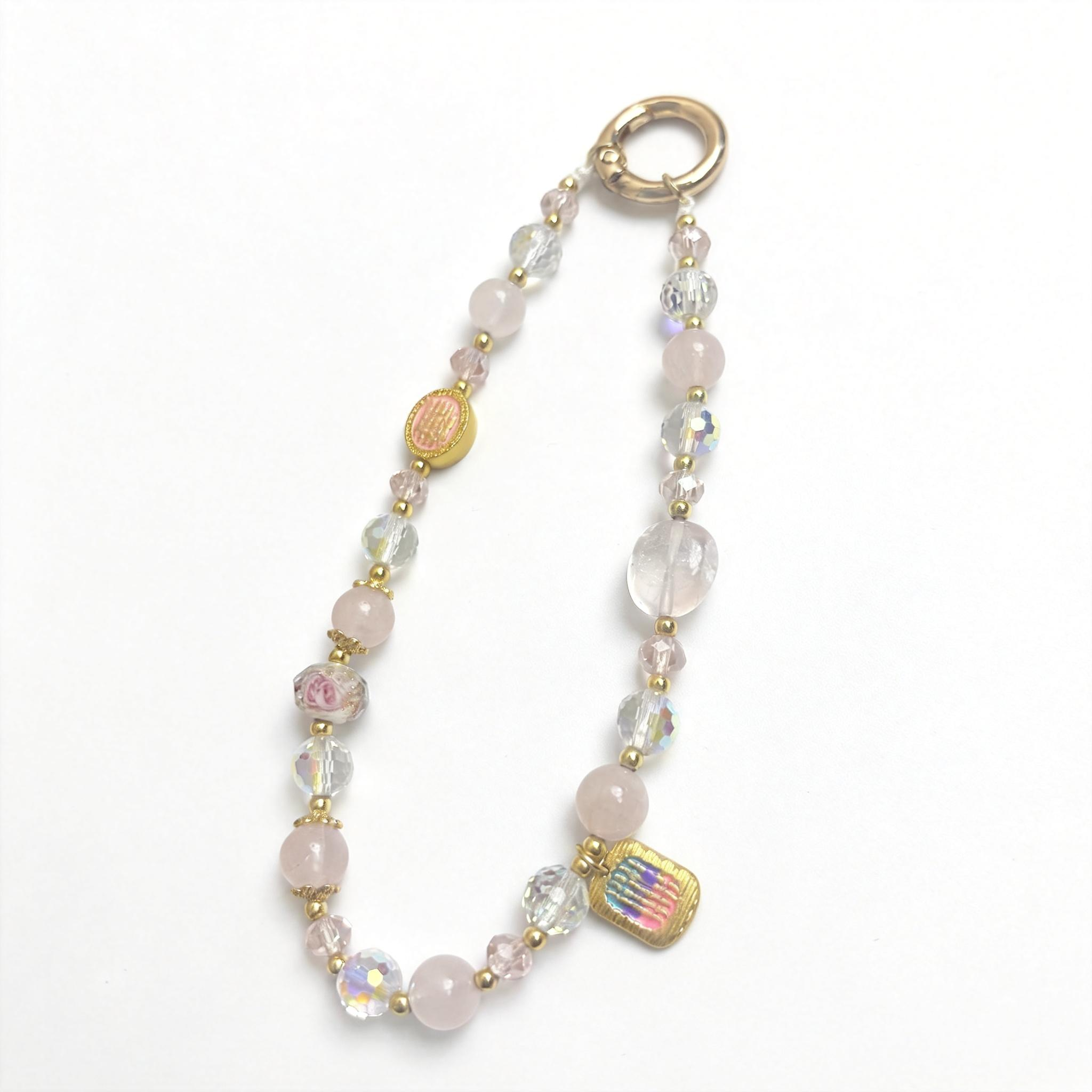Pink Floral Phone Charm with Beaded Strap